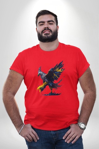 Angemiel Kara Kartal Sulu Boya Kırmızı Büyük Beden Erkek Kadın Unisex Basic Ön Baskılı Tişört Kırmızı