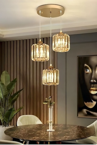 Radiosa Gold Renk Kristal Taşlı Dekoratif Modern Salon Mutfak Hol Oda Antre Üçlü Sarkıt Avize Gold