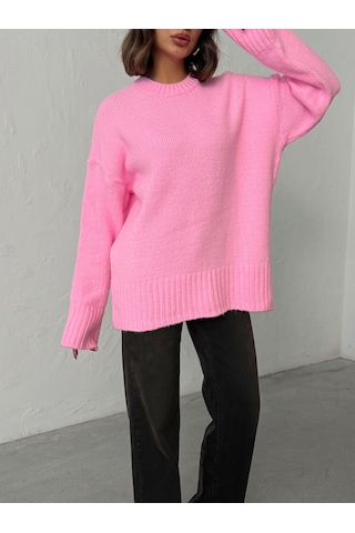 Kadın Yumuşak Dokulu Bisiklet Yaka Oversize Basic Triko Kazak Pembe