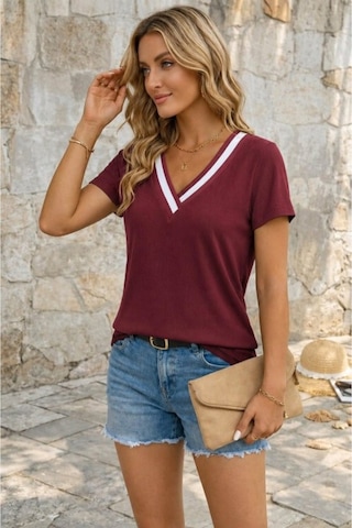 Butik İstanbul Kadın Kısa Kollu V Yakalı Bürümcük Bluz Bordo