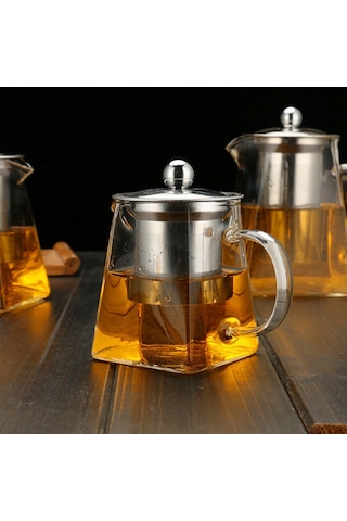 Borosilikat Cam Çelik Süzgeçli Ve Kapaklı Piramit  Demlik 750 ML Şeffaf