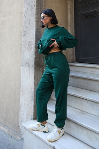 Mezka Regular Fit 2'li Takım Sweatshirt Beli Lastikli Jogger Eşofman Altı Yeşil