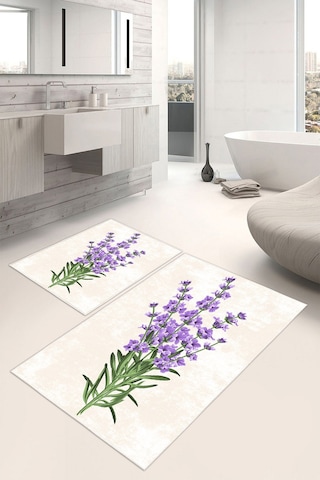 Lavanta Desenli 2'li Banyo Paspas Seti, Kaymaz Tabanlı Banyo Halısı 60x100 50x60cm Mor