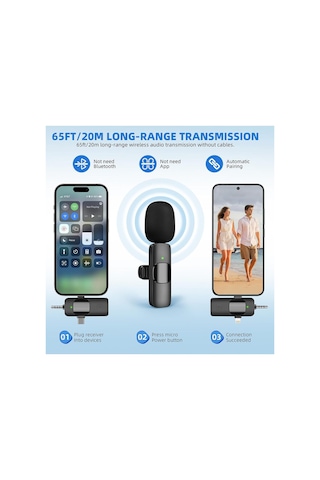 2 Li Kablosuz Yaka Mikrofonu İos, Android, Kamera, Usb-c , Video Kaydı, Vloglama, Youtube Uyumlu