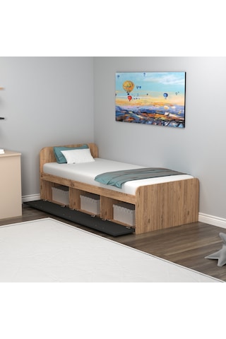 Arnetti Akser 90x190 Cm Yatak Uyumlu 3 Kapaklı Dolaplı Tek Kişilik Karyola Atlantik Çam Antrasit - Akser