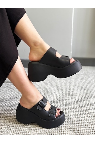 Asmi Shoes Kadın Wera Siyah İki Tokalı Kalın Taban Ortopedik Sandalet&terlik