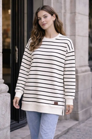 Tenra Oversize Geniş Kalıp Kadın Sweatshirt Bisiklet Yaka Basic Çizgili Siyah