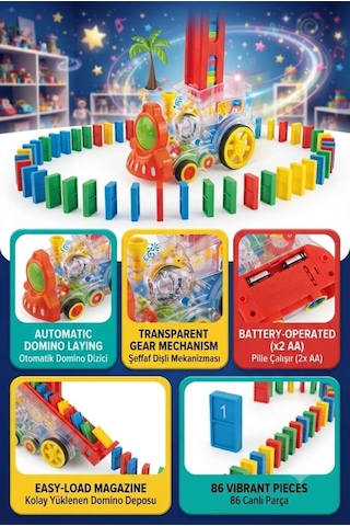 Domino Tren Yön Verilebilir Şeffaf Dişli Otomatik 86 Parça 16 Cm Işıklı Ve Müzikli Oyuncak Tren