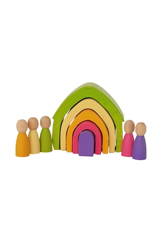 Waldorf Pastel Renkler 5'li Ev Ve 5'li Peg Bebek Seti Ahşap Oyunc