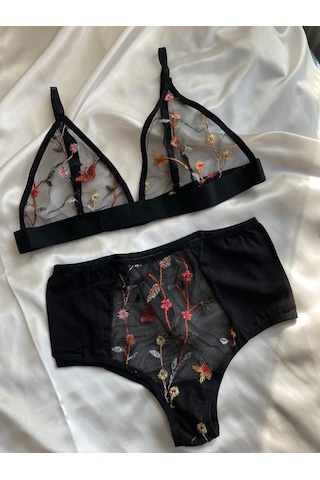 The Semy Çiçekli Siyah Sütyen Bralet Yüksek Bel Takım Siyah