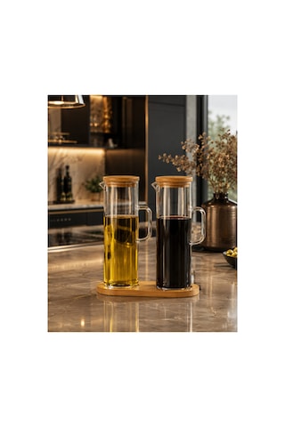 2 Li 400 Ml Cam Yağdanlık Seti Bambu Kapaklı Ve Bambu Atlıklı, Borosilikat Cam Beyaz