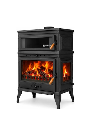 Flame Stove Fs-045 Retro Lux Yüksek Verimli Çift Yanmalı Odun Kömür Sobası Fırınlı Döküm
