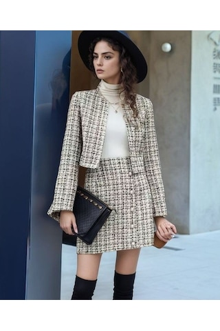 Reka Moda Kadın Uzun Kollu Önü Açık Düğme Detaylı Dokuma Ceket Etek Ikili Takım Beyaz