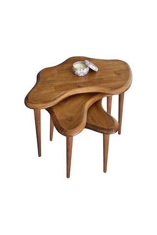 Fawdecor Asimetrik Masif Ahşap Zigon Sehpa Takımı 3'lü Set Ceviz