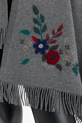 Desen Triko Kadın Papatya İşlemeli Püsküllü Yün Şal 24028 Füme Füme