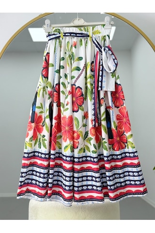 Lovie Moda Karışık Çiçek Desenli Kuşaklı Tesettür Etek Beyaz