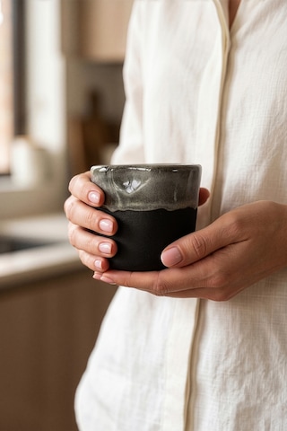 Must Siyah Beyaz Stoneware El Yapımı Mug Fincan 2li Set 8634