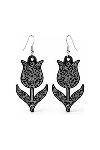Tamgacrafts Lale Motifli Siyah Akrilik Sallantılı Küpe - Özel Seri 4 Cm
