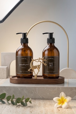 Sabunluk Amber Şişe Cam İkili Şampuan-duş Jeli Banyo Düzenleyici Lüks Gold Geyik Ahşap Standlı 500ml