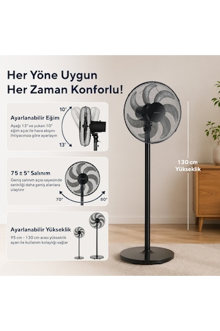 Kumtel Ktf-760 Siyah 16 İnç Ayaklı Vantilatör 50 W,7 Pervaneli,3 Kademeli, 130 Cm Yükseklik