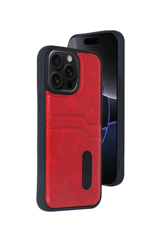 Apple İphone 14 Pro Max Uyumlu Deri Kartvizitli Kartlıklı Premium Telefon Kılıfı Kapak Kırmızı