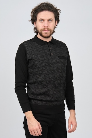 Çizgi Triko Erkek Cep Detaylı Polo Yaka Desenli Kazak 42544230 Si Siyah