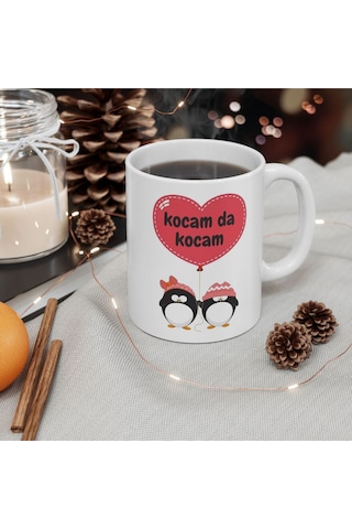 Kocam Da Kocam Sevgili Çift Örgü Penguenler - Doğum Günü Hediyesi - Hediye Porselen Kupa Bardak Beyaz
