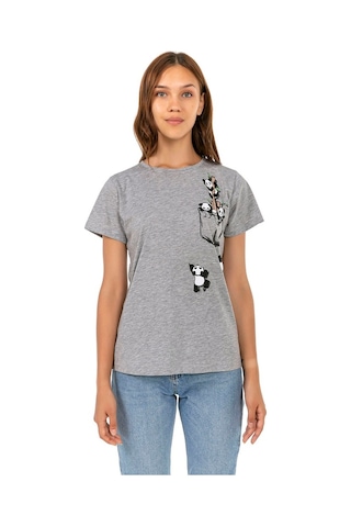 Vıshenka Kadın Gri Compact Penye Pamda Baskılı T-Shirt Gri