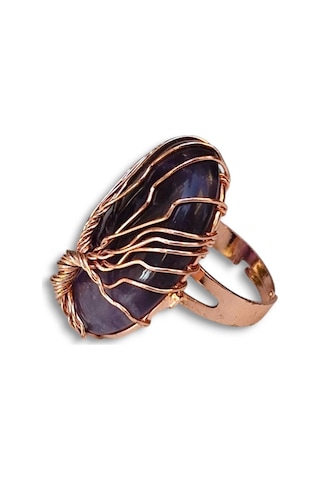 Pozitif Doğal Taş Ametist Ayarlı Yüzük Bakır Hayat Ağacı El Yapımı 466-3 Çok Renkli