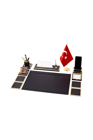11 Parça Türk Bayraklı Mermer Desen Ahşap Sümen Takımı Masa İsimliği Deri Sümen Seti