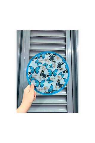 Desenli Katlanabilir Yuvarlak Yazlık Taşınabilir Çantalı El Yelpazesi Mavi Kelebekler 25cm Ve Kolajen Özlü Doğal Handmade Süngerli Sabun 135gr