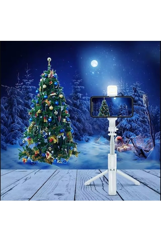 Beyaz Renk Işıklı Bluetooth Kumandalı Dikey Ve Yatay Çekim Tripodlu Selfie Çubuğu Öz Çekim Tripodu