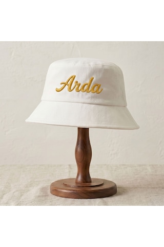 Bk Gift Kişiye Özel İsim Nakışlı Unisex Bucket Şapka Beyaz Pamuk Gabardin Kumaş Yazlık Şapka