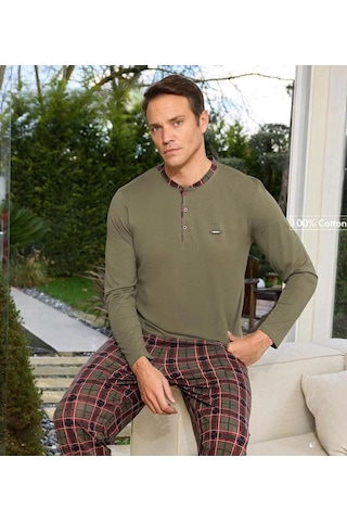 Pijamoni Erkek Standart Kalıp Pamuklu Düğme Yaka Uzun Kol Baharlık Pijama Takımı 6300/5h - 1 Adet Haki