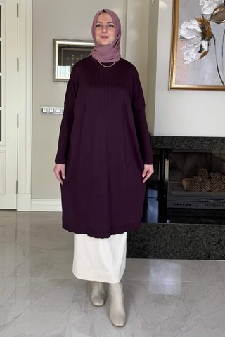 Rabia Şamlı Dora Triko Tunik Mürdüm Çok Renkli