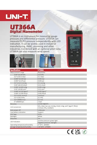 Unı-t Uni-trend Ut366a Dijital Manometre P1/p2 Basınç Ölçer Ve Sertifikalarla Rüzgar Hızını Ölçün: Ce, Ukca