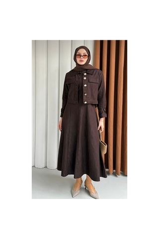 Hatun Kahverengi Gold Düğmeli Crop Ceket Ve Jile Kot Takım Bordo Bordo