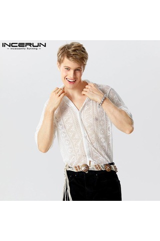 Incerun Yaz Erkek Yarım Kol Şeffaf Fileli İplik Dantel Gömlekler Beyaz