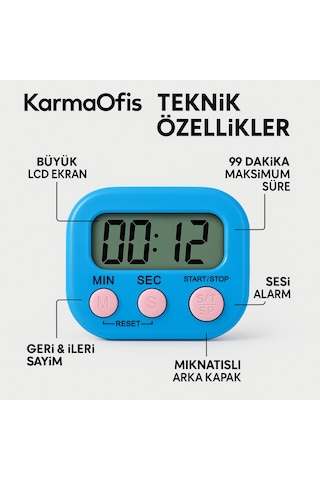 Dijital Kronometre Mavi Pembe Tuşlu Timer 99 Dakika Zamanlayıcı Alarm