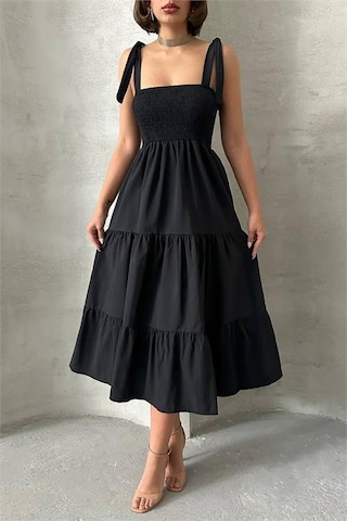 Neşeli Butik Kadın Askılı Poplin Kumaş Yazlık Elbise Nbg091 Siyah