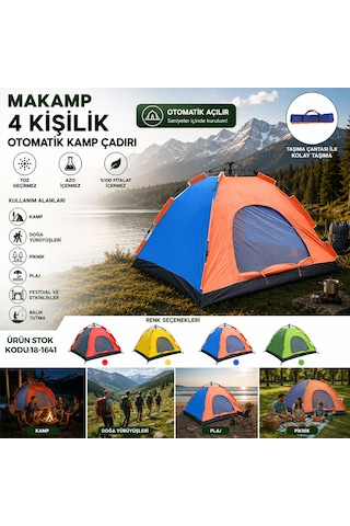 Otomatik Kamp Çadırı 4 Kişilik 200x200x135 Toz Geçirmez Sarı