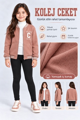 Ahengim Kız Çocuk Fermuarlı Kolej Ceket Cepli Nakış Detaylı Uzun Kollu Sweatshirt Ak26690 Gül Kurusu