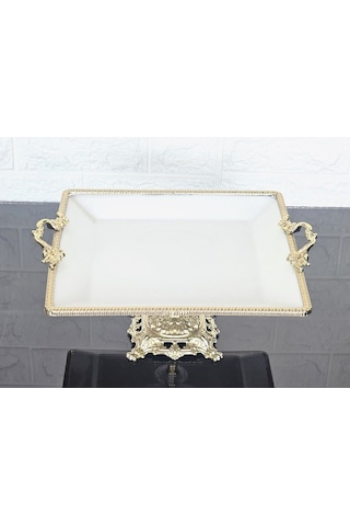 Porselen Büyük Sade Kare Servis Tabağı-sunumluk Döküm Gold Çerçeve Ve Ayaklı 27cm Beyaz