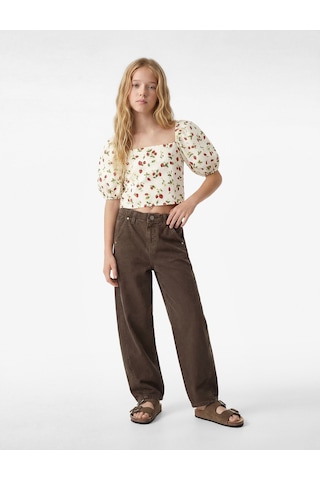 Koton Keten Viskon Karışımlı Gipeli Slim Fit Poplin Kare Yaka Crop Balon Kollu Çilek Desenli Bluz Kırmızı Desenli 6skg60004aw
