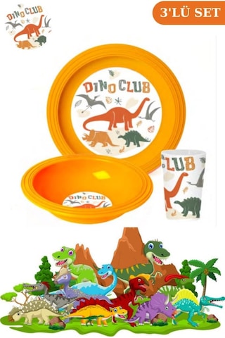 Flosoft Lisanslı Dino Club Çocuk Kahvaltı Seti, Dinozorlar Desenli Kase Tabak Bardak 3 Lü Yemek Seti Çok renkli