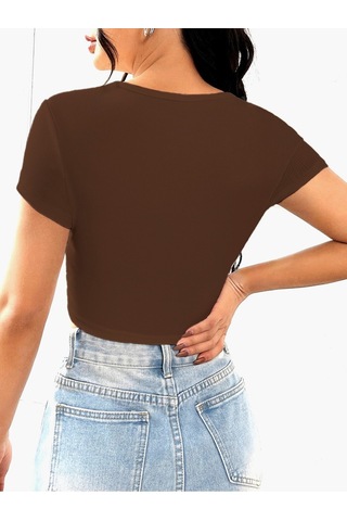 Rooted-kadın Kare & Havuz Yaka Crop T-shirt ,likralı Fitilli Kaşkorse Kumaş Kahverengi
