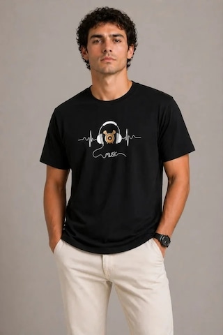 Veraura Lifestyle Erkek Müzik Temalı Baskılı Tişört Bisiklet Yaka Kısa Kol T-shirt - Siyah