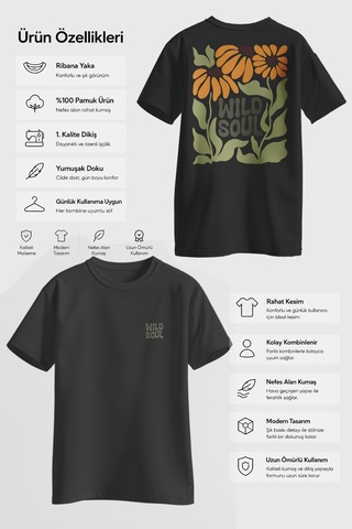 Spoyi Wild Soul Tasarımlı %100 Pamuk Yarım Oversize Siyah T-shirt