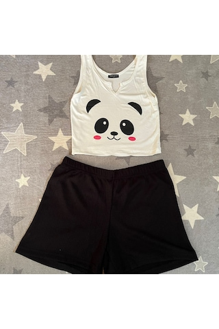 River Island River İsland Panda Desenli Ekstra Dar Kalıp Kadın Pijama Takımı Beyaz - Siyah