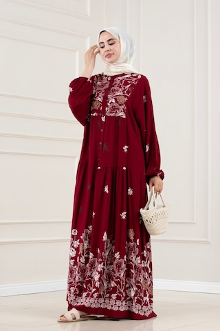 Sevitli Yarım Düğmeli Robalı Ceylan Elbise-bordo-5853